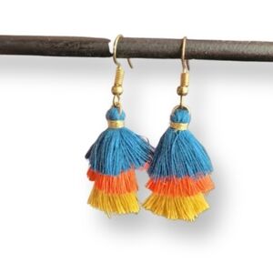 Boho Mustard Teal Tassel Earrings